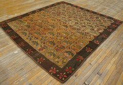 1880s Orange Square Folk Art Antique American Hooked Rug 8'0" x8'8" Woven Carpet