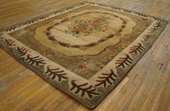 1870s Camel Rose Medallion Antique American Hooked Rug 9' x 10' 2" Woven Carpet