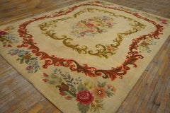 1930s Ivory Rose Folk Art Antique American Hooked Rug 9'x11'8" Woven Wool Carpet