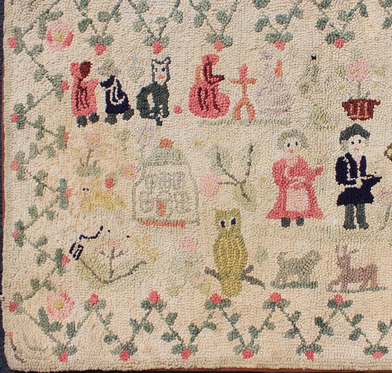 Antique American Hooked rug featuring colorful pictorial village scene, rug s12-0806, country of origin / type: United States / Hooked, circa 1920

This American Hooked rug depicts a colorful village scene, including various people, an owl,