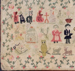 Antico tappeto americano uncinato con scena di villaggio colorata