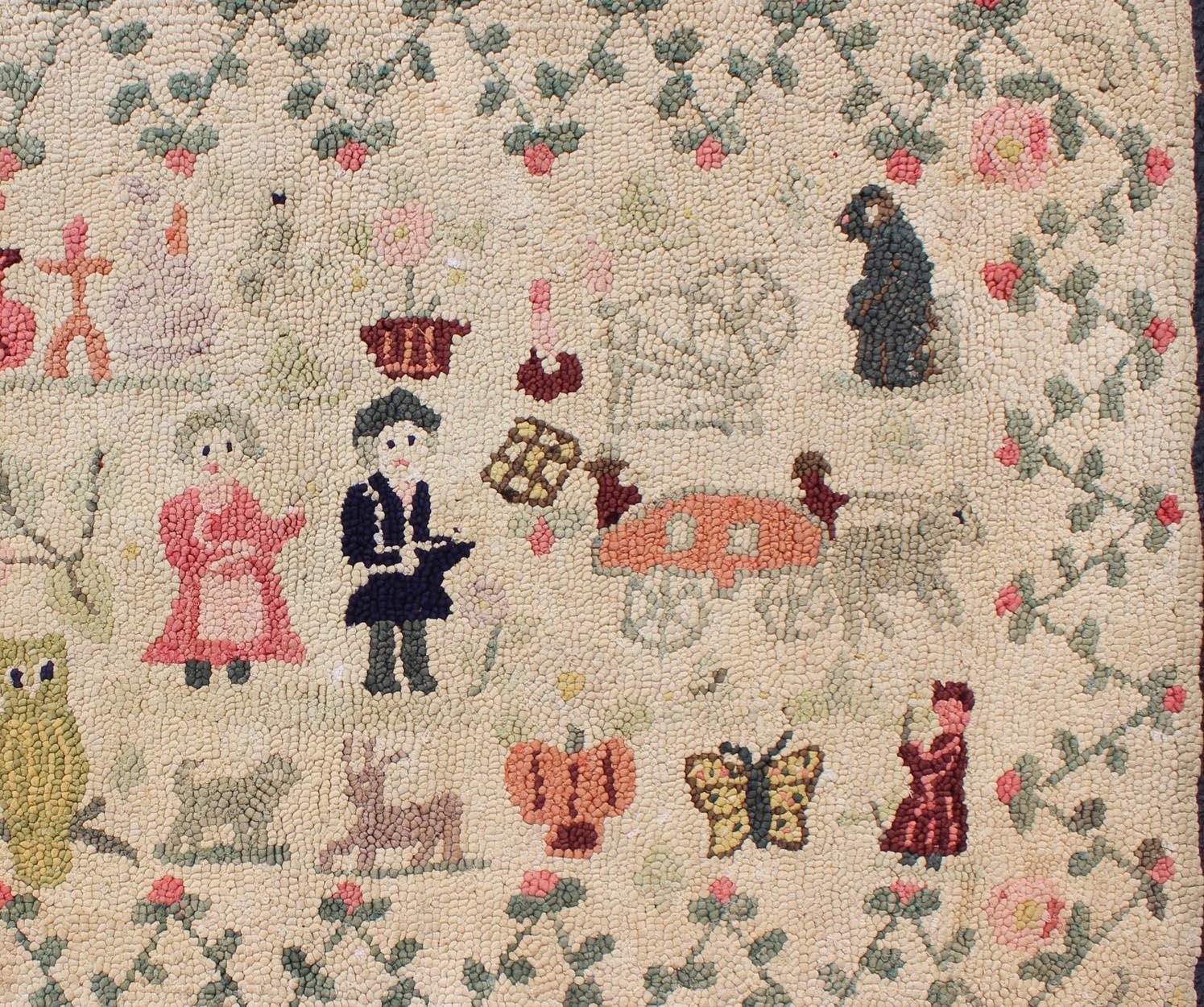 Hand-Knotted Antique American Hooked Rug Featuring Colorful Village Scene For Sale