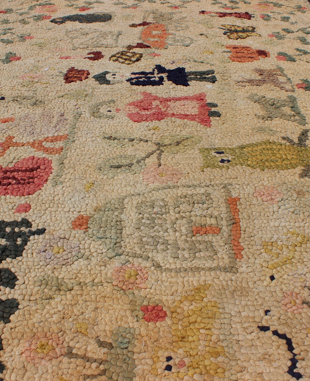 Antique American Hooked Rug Featuring Colorful Village Scene In Good Condition For Sale In Atlanta, GA