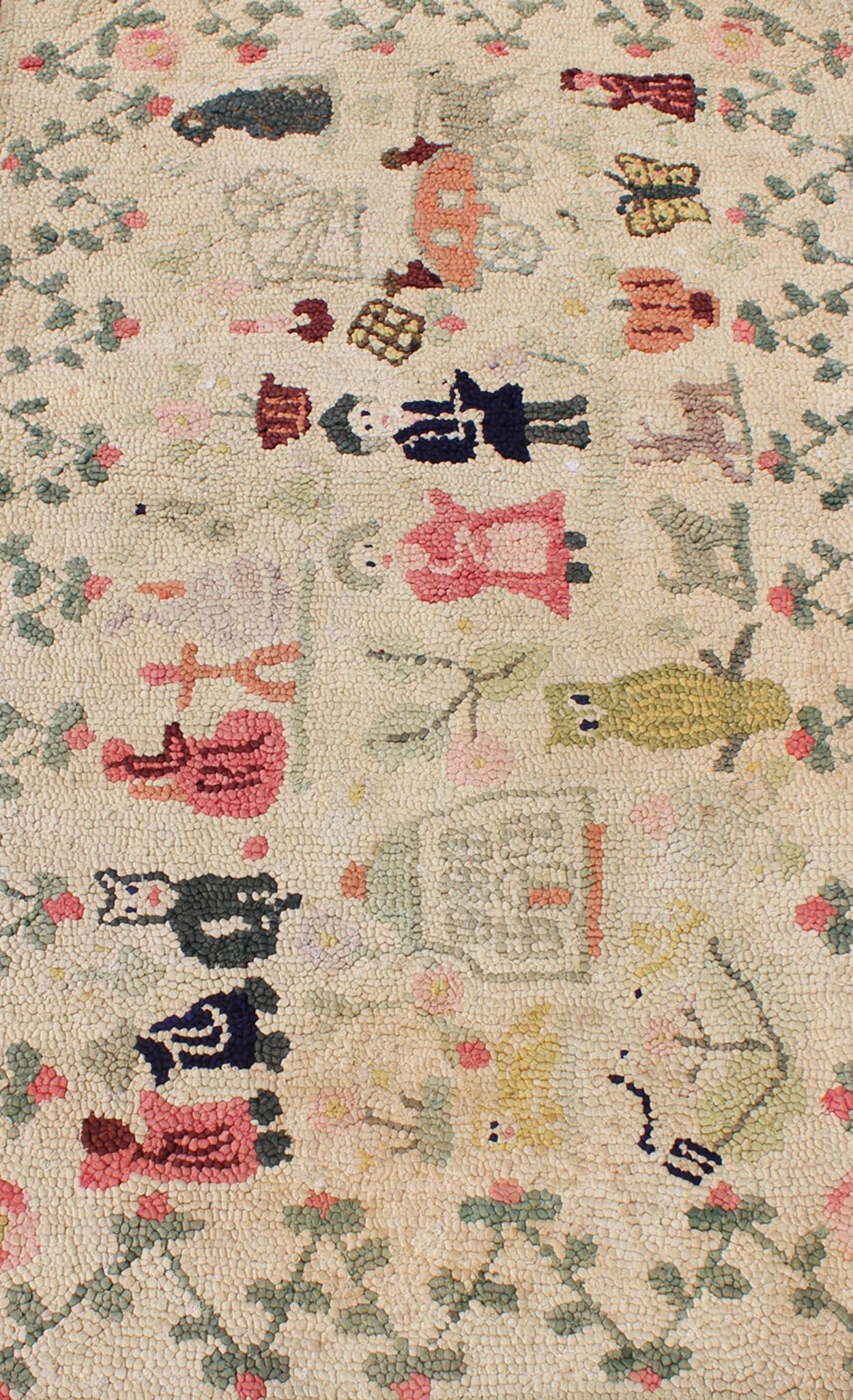 Antique American Hooked Rug Featuring Colorful Village Scene For Sale 1