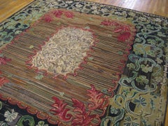 Lovely Ligth Brown & Rustic Floral-Medallion Pattern Antique American Hooked Rug