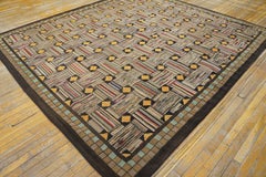 1920s Yellow Multicolor Antique American Hooked Rug 8'6" x 9'4" Folk Art Carpet