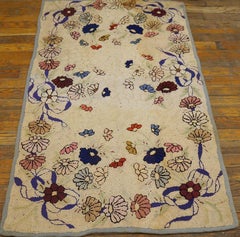 1930s Ivory Floral Folk Art Antique American Hooked Rug 2'5" x 4'1" Wool Carpet