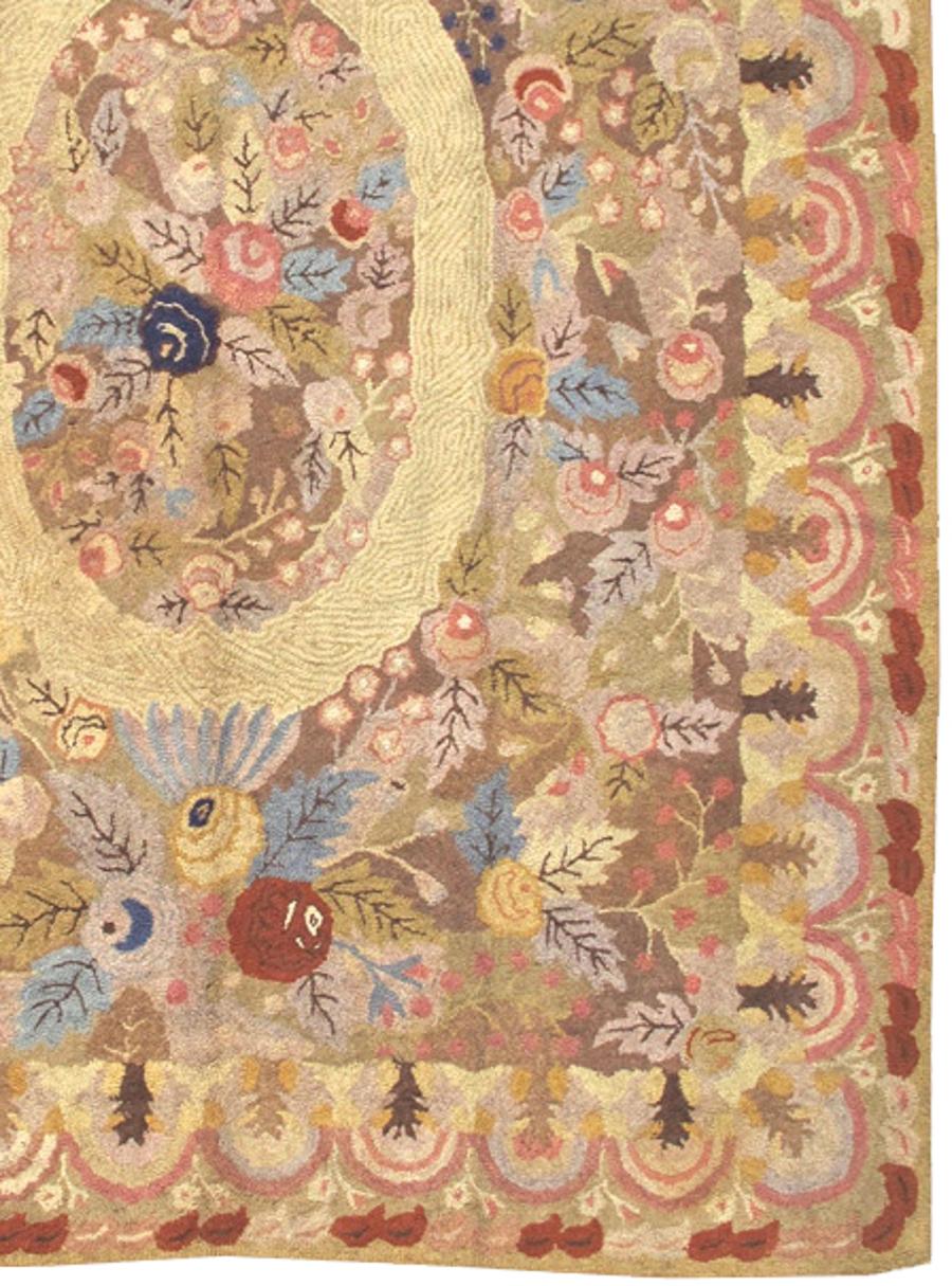 Hooked rugs are crafted by pulling loops of yarn or sometimes fabric through a stiff woven base usually made of burlap or linen. Rug hooking as a folk art has been practiced in the United States since colonial times, most frequently on the eastern