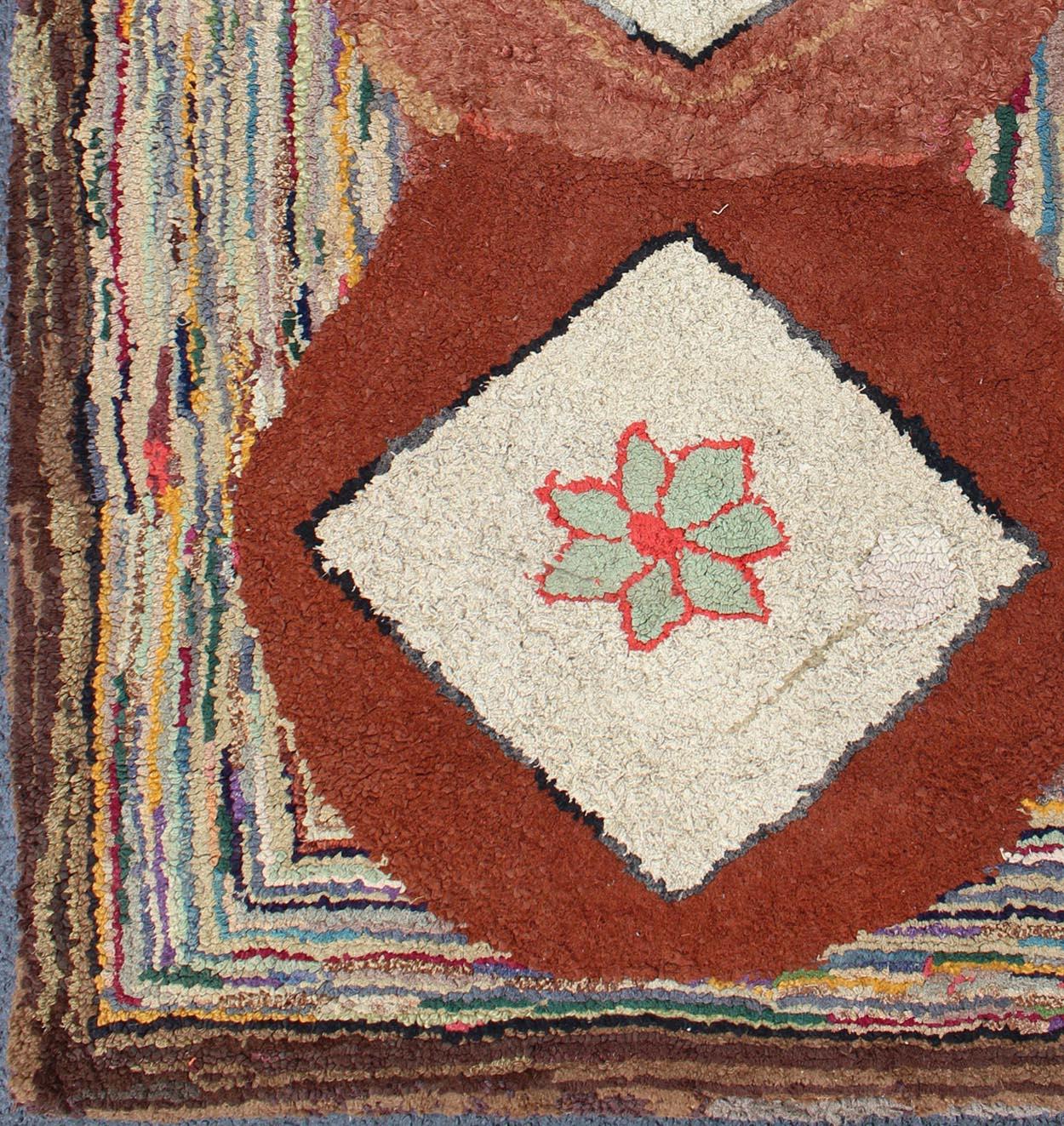 American hooked rugs are indigenous to the Northeast region of the United States and Eastern Canada. Their production began in the mid-1800s, gradually spreading lower in to North America. Hooked rugs were made from any scrap material available and