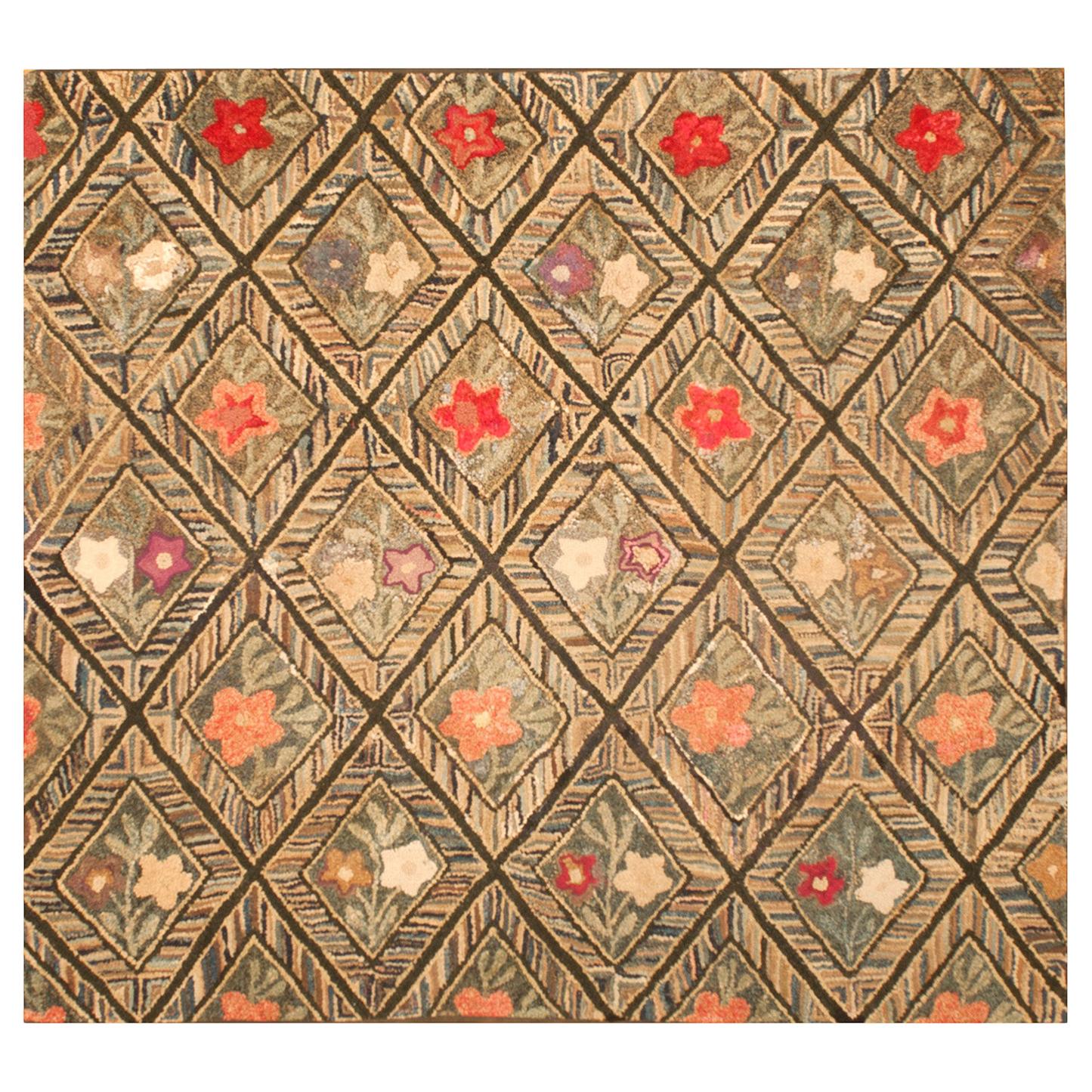 Antique American Hooked Rug 4' 4" x 4' 9"  For Sale