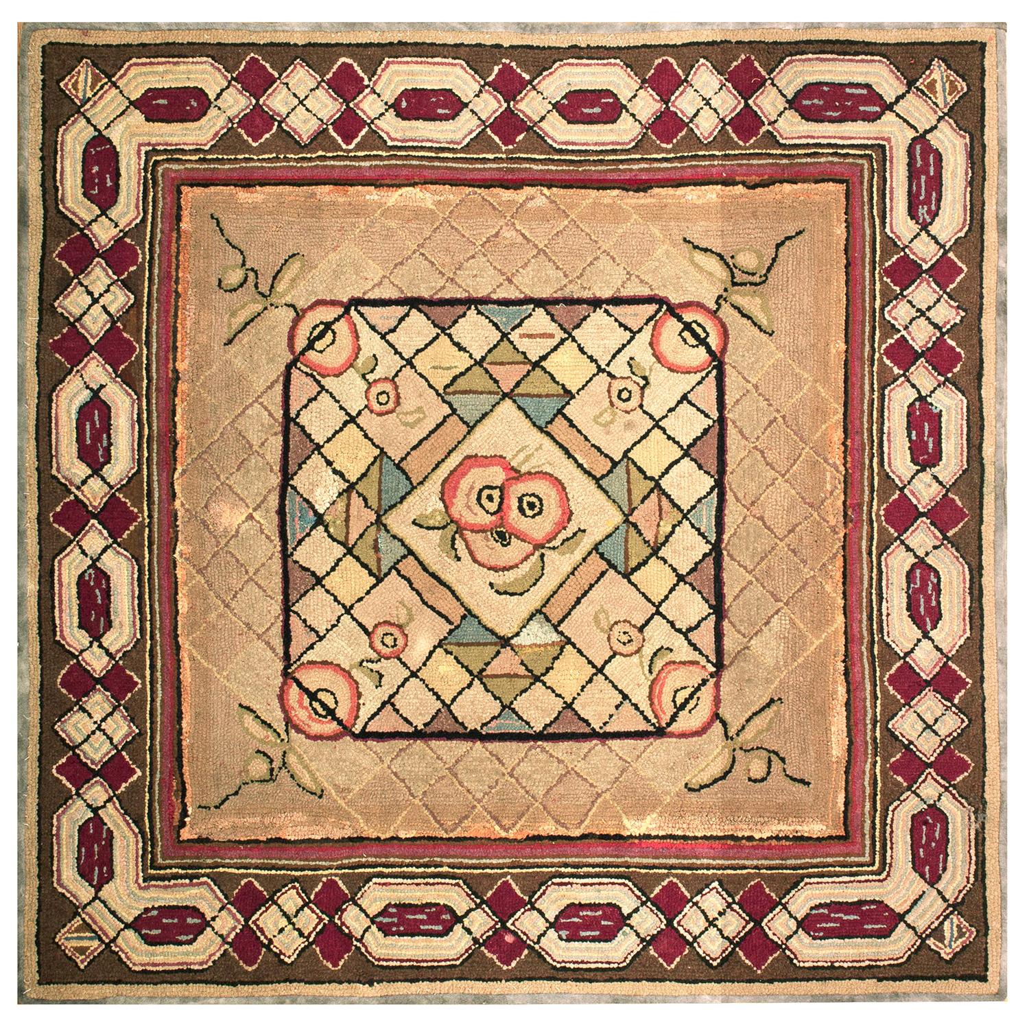 Antique American Hooked Rug 4' 2" x 4' 2" For Sale