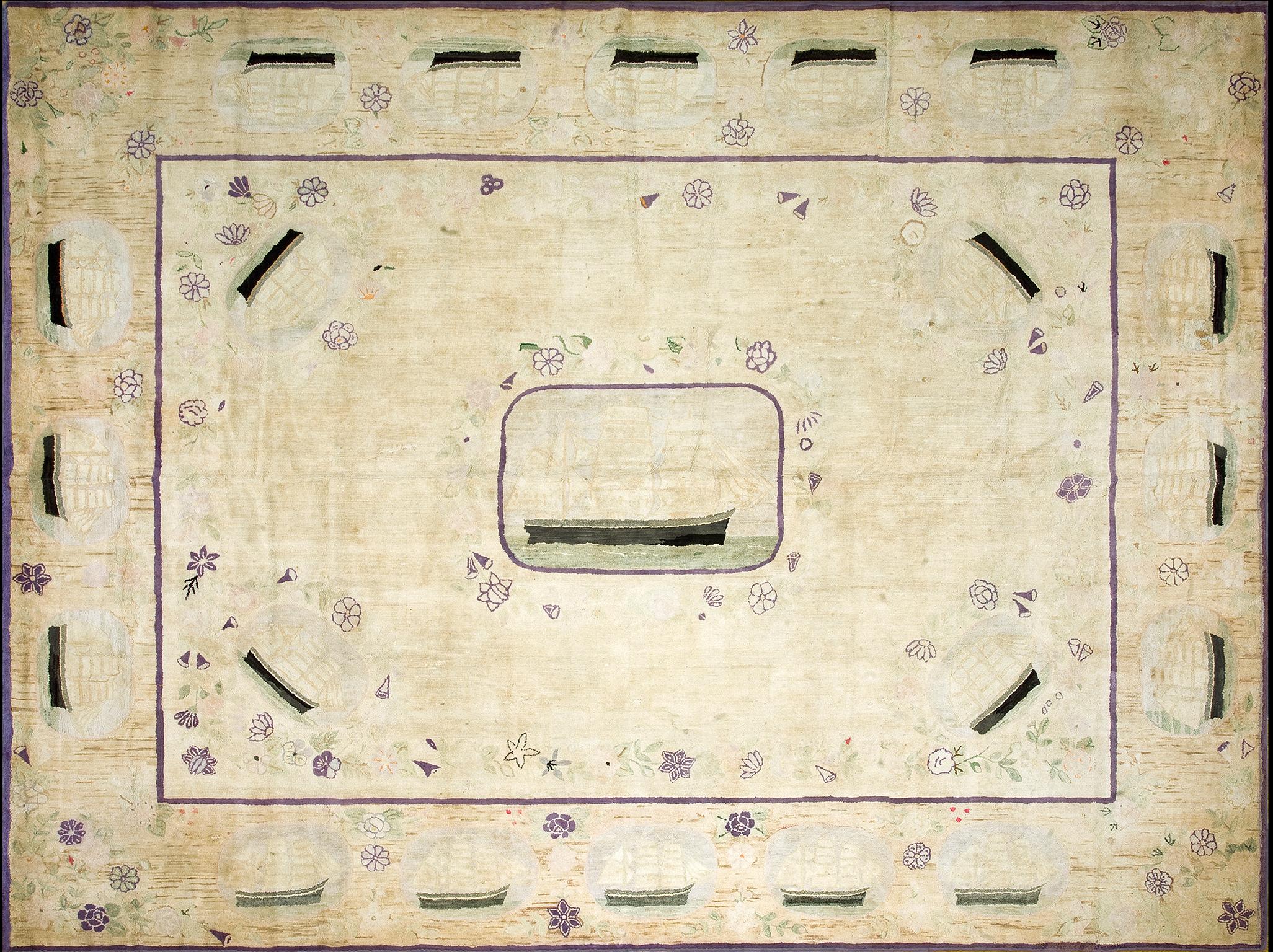 Début du 20e siècle  Tapis à capuche américain sur le thème du nautique ( 9' x 12' - 275 x 365 )