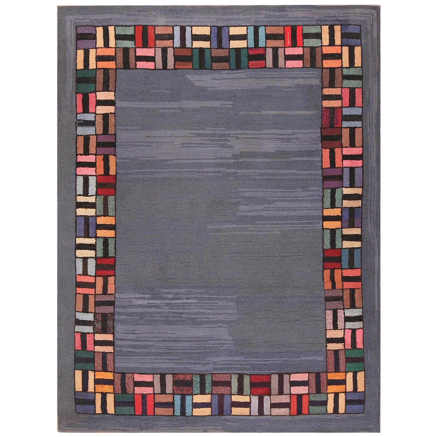 Antique American Hooked Rug. Light Blue. Size: 6 ft 8 in x 8 ft 8 in