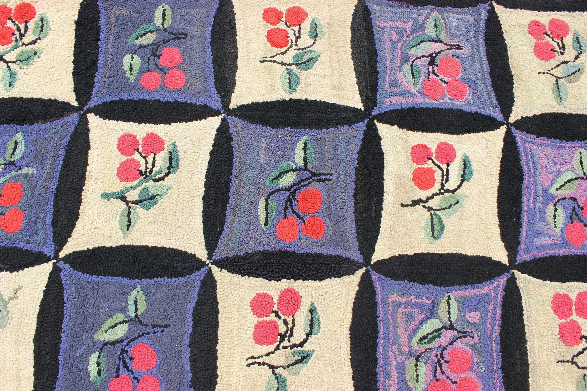 20th Century Antique American Hooked Rug with All-Over Circles & Floral Quilt Design For Sale