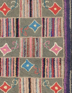 Tapis crocheté américain ancien à capuche au design géométrique coloré avec bordure solide