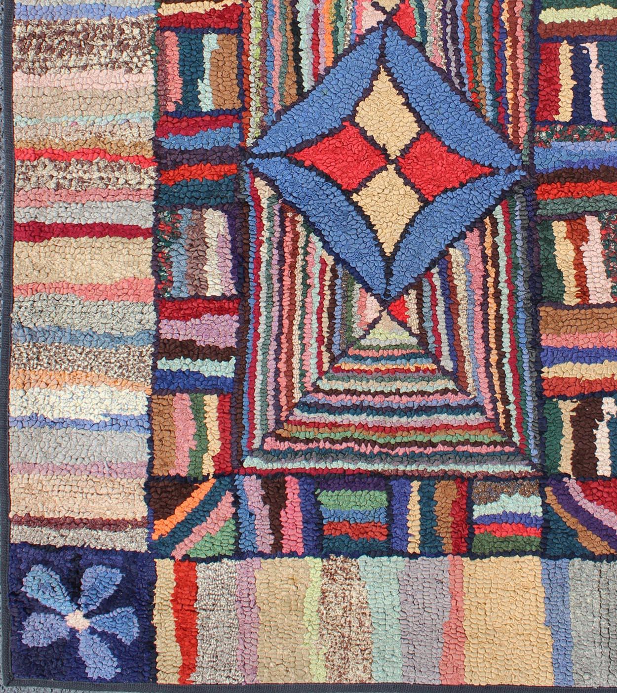 American Colonial Antique American Hooked Rug with Colorful Geometric Design with Striped Border