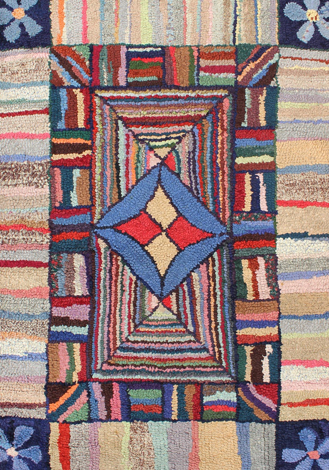 Hand-Woven Antique American Hooked Rug with Colorful Geometric Design with Striped Border