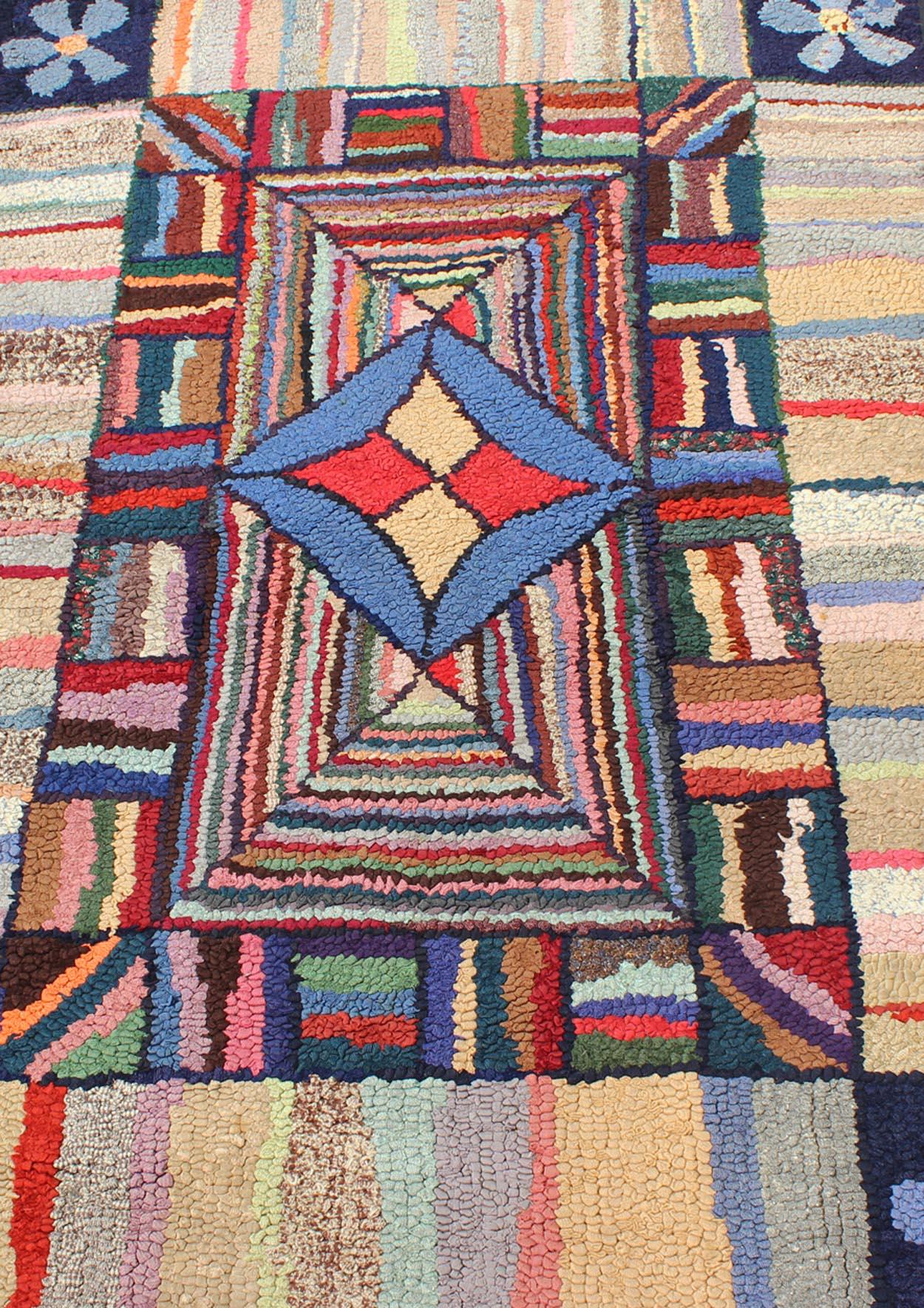 Antique American Hooked Rug with Colorful Geometric Design with Striped Border In Good Condition In Atlanta, GA