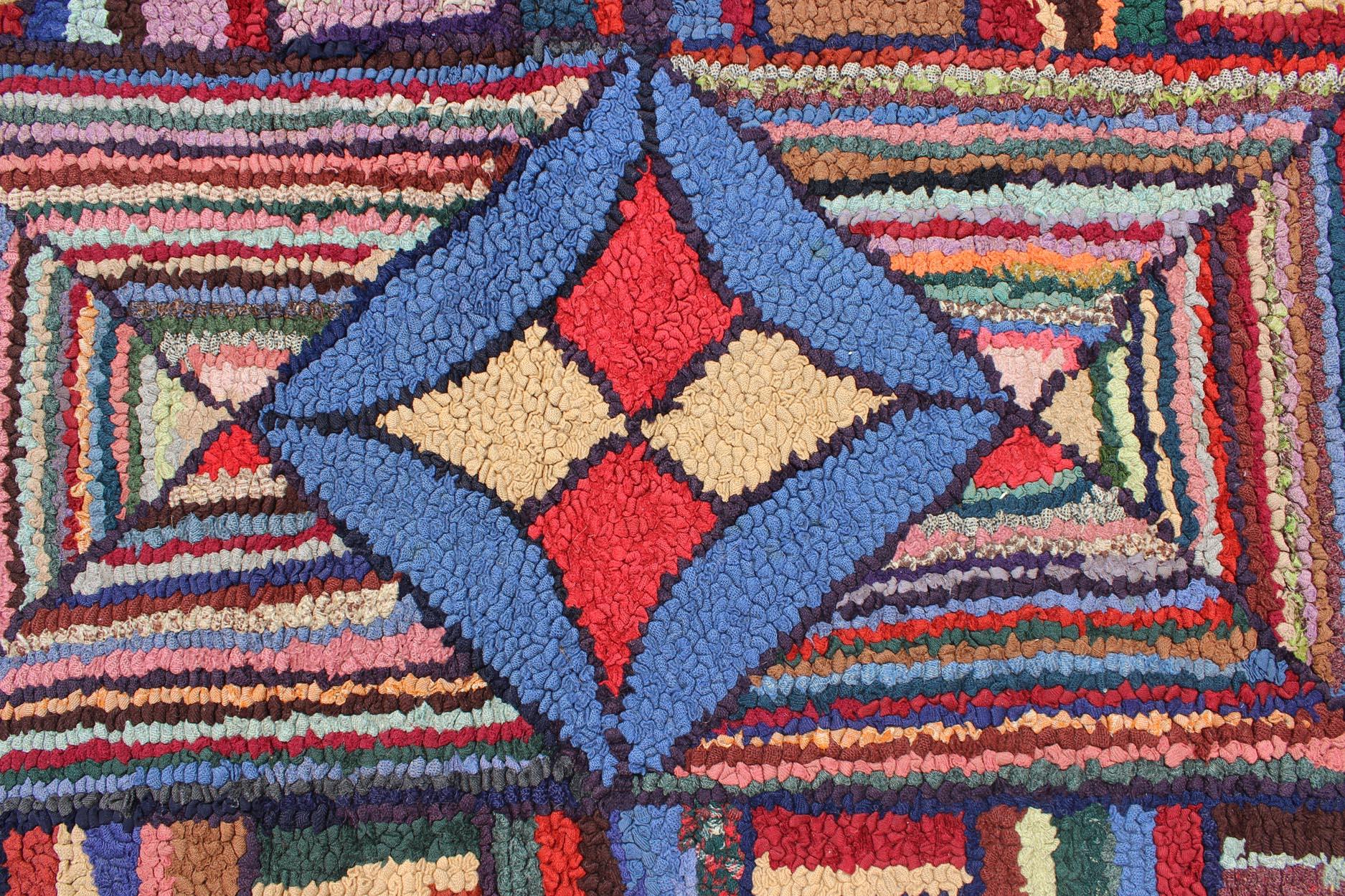 20th Century Antique American Hooked Rug with Colorful Geometric Design with Striped Border