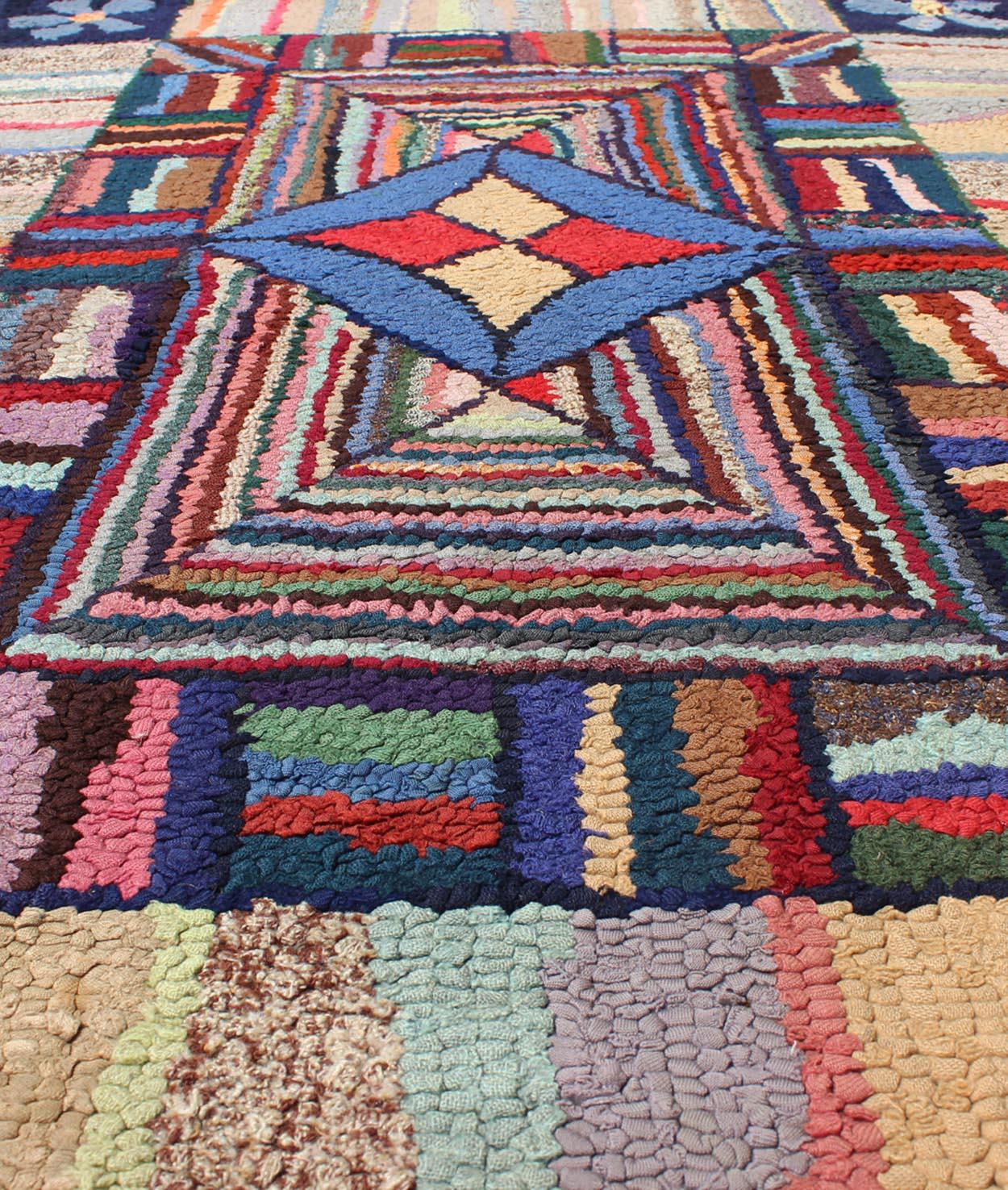 Cotton Antique American Hooked Rug with Colorful Geometric Design with Striped Border
