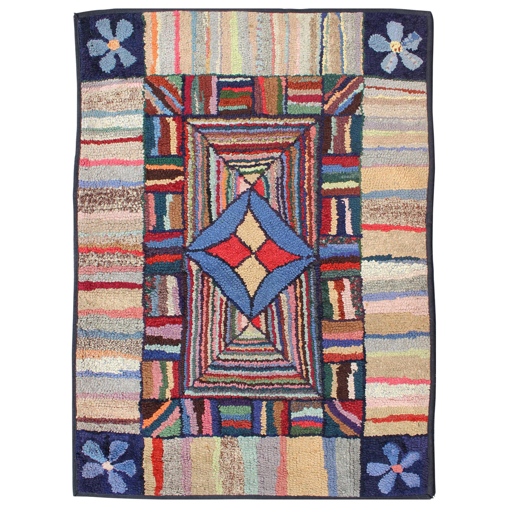 Antique American Hooked Rug with Colorful Geometric Design with Striped Border