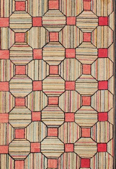 Antique American Hooked Rug with Diamond-Patchwork Geometric Design