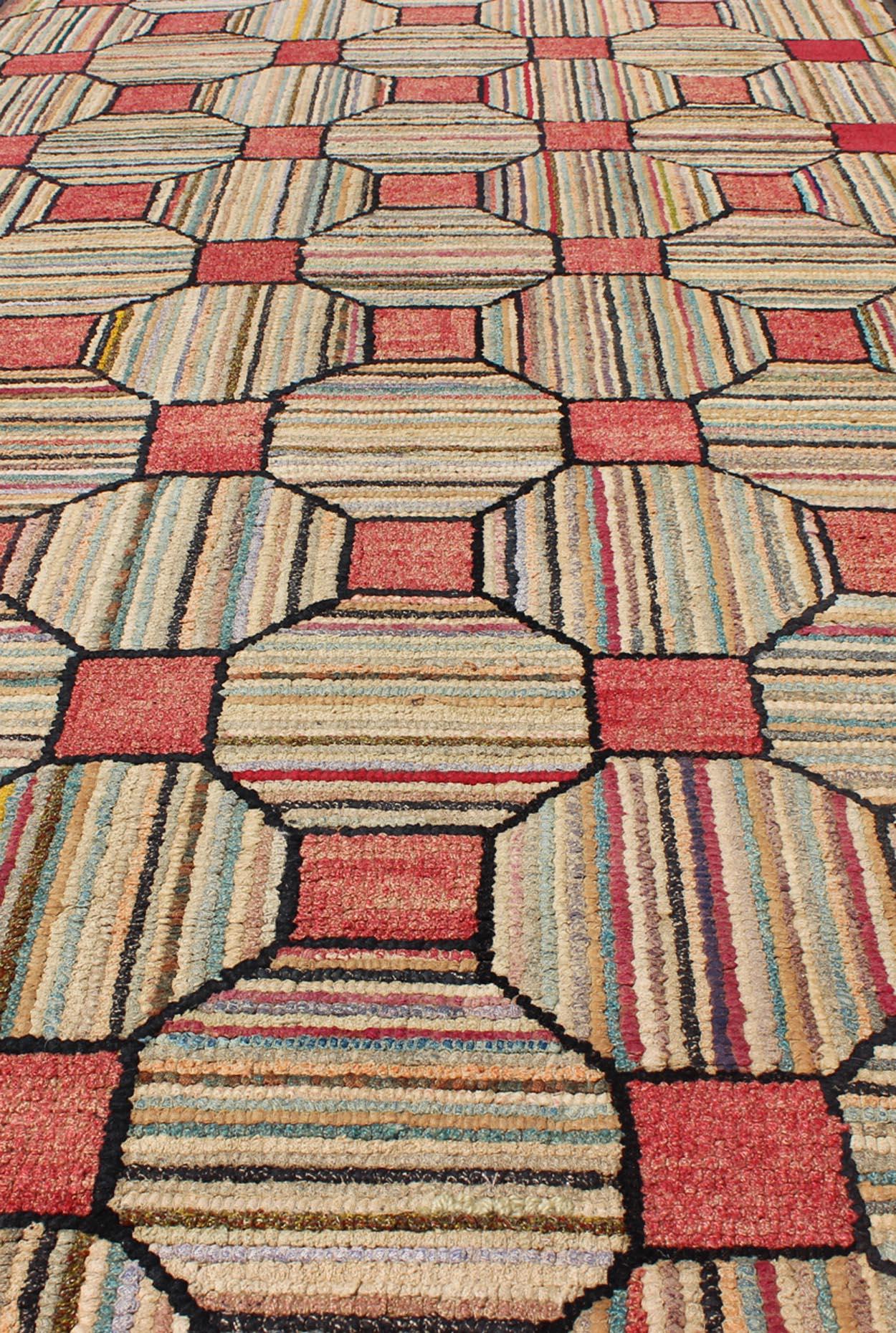 20th Century Antique American Hooked Rug with Diamond-Patchwork Geometric Design For Sale