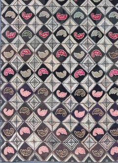 Antique American Hooked Rug with Diamond Patchwork Geometric Leaf Design