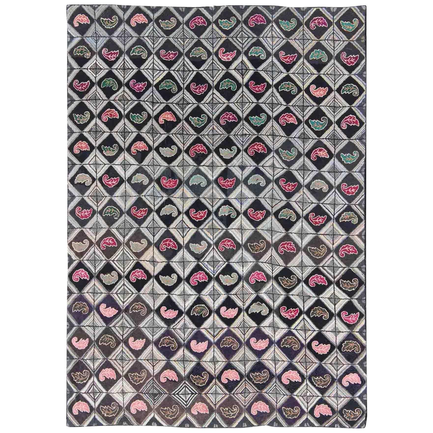 Antique American Hooked Rug with Diamond Patchwork Geometric Leaf Design