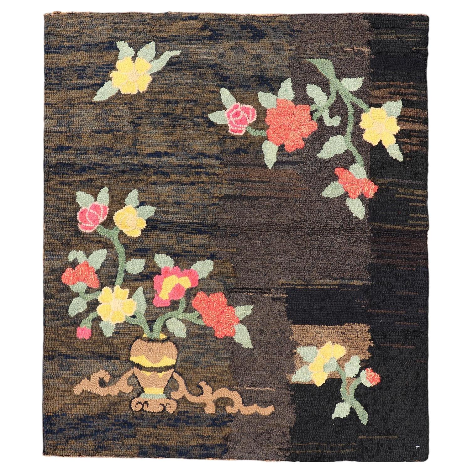Antique American Hooked Rug with Floral Vase Design and Folk Art Motifs For Sale