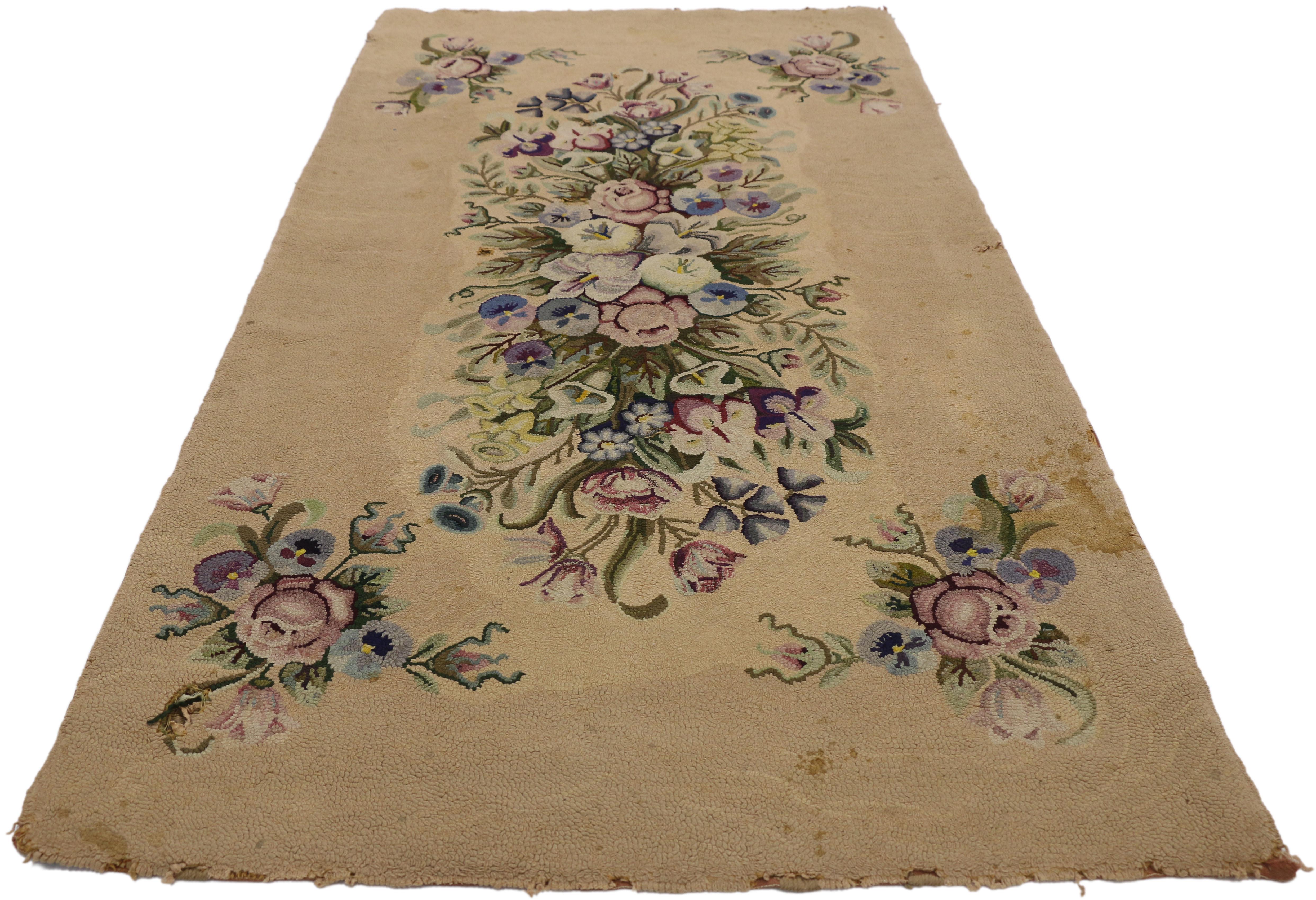 Hand-Knotted Antique American Hooked Rug with French Aubusson Style For Sale