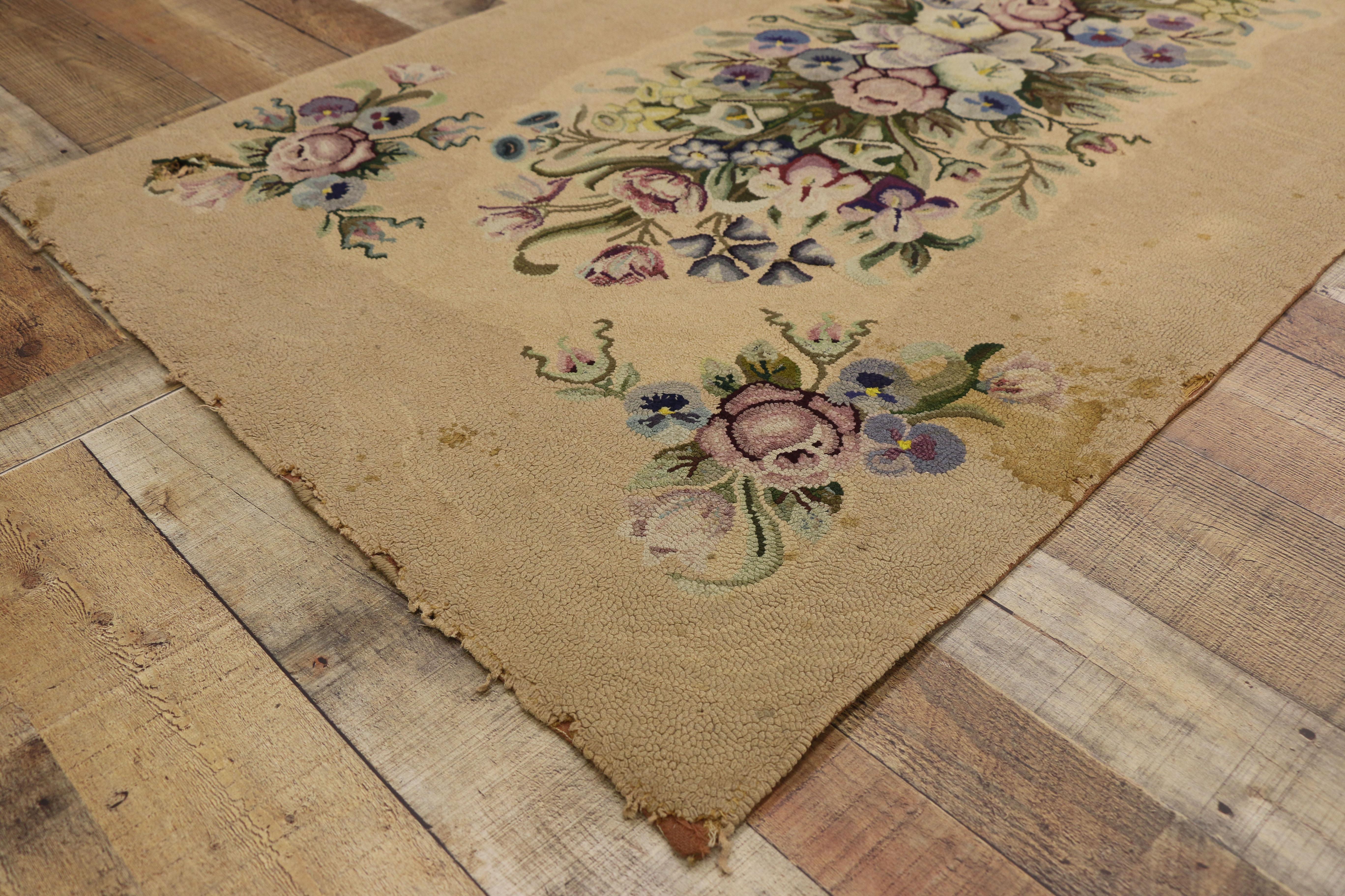 Wool Antique American Hooked Rug with French Aubusson Style For Sale
