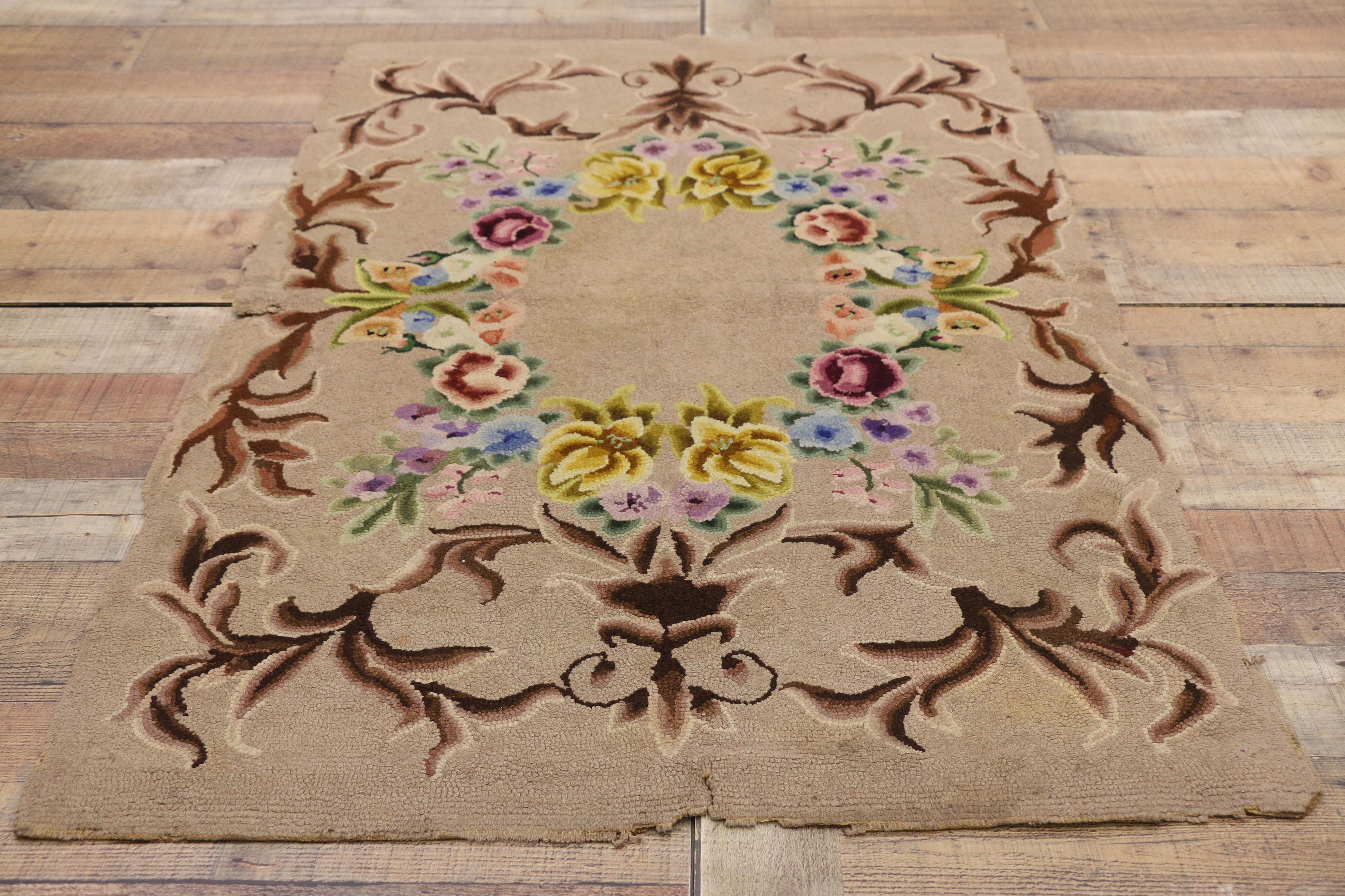 Wool Antique American Hooked Rug with French Aubusson Style