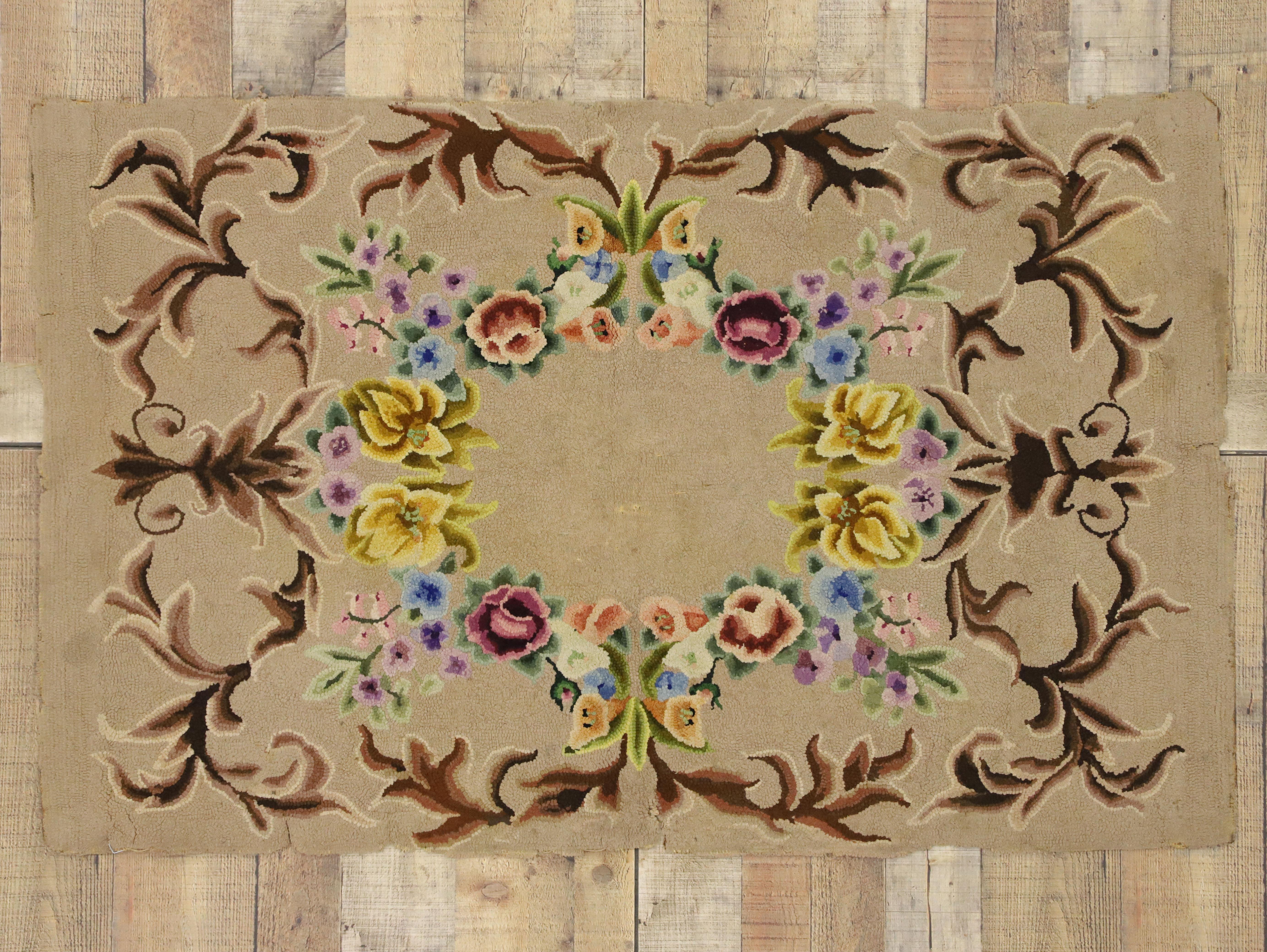 Antique American Hooked Rug with French Aubusson Style 1