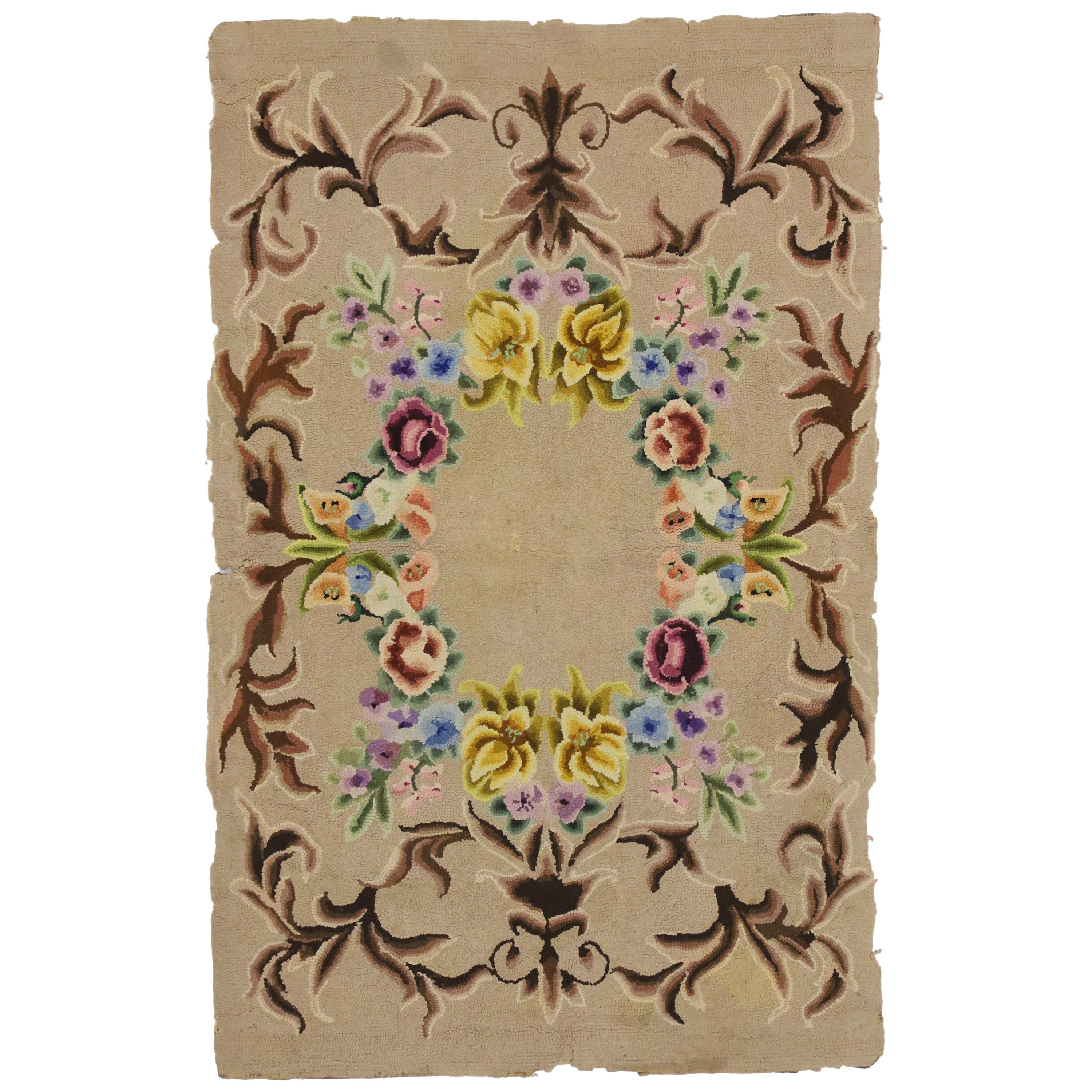 Antique American Hooked Rug with French Aubusson Style