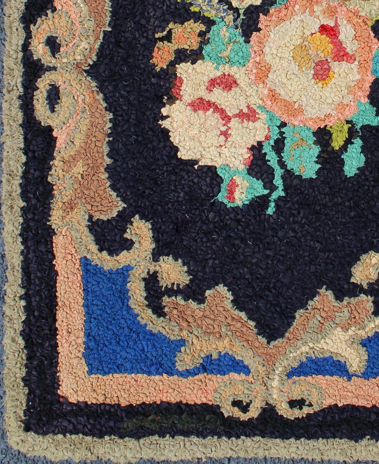 American Classical Antique American Hooked Rug with Large Floral Medallion in Black Background For Sale