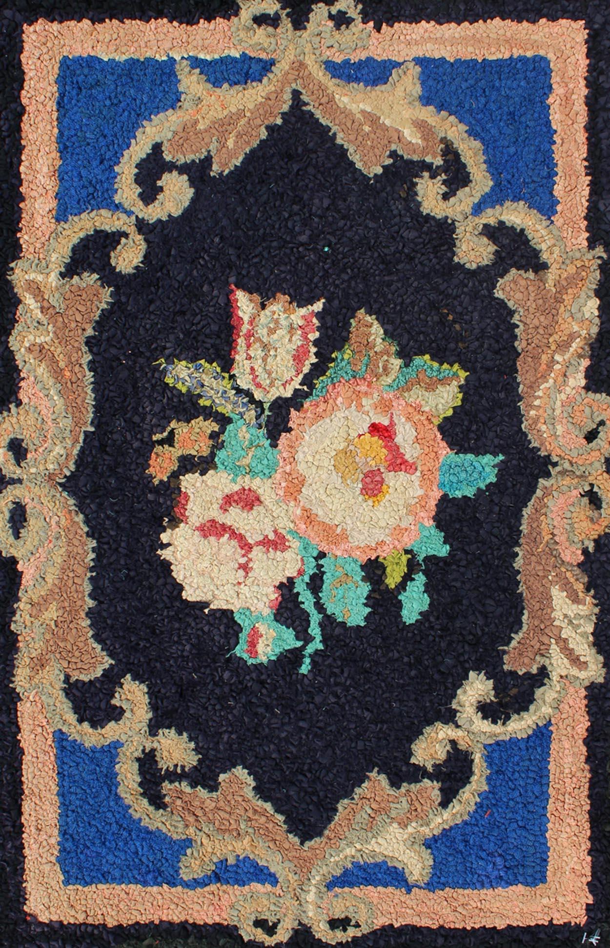 Hand-Woven Antique American Hooked Rug with Large Floral Medallion in Black Background For Sale