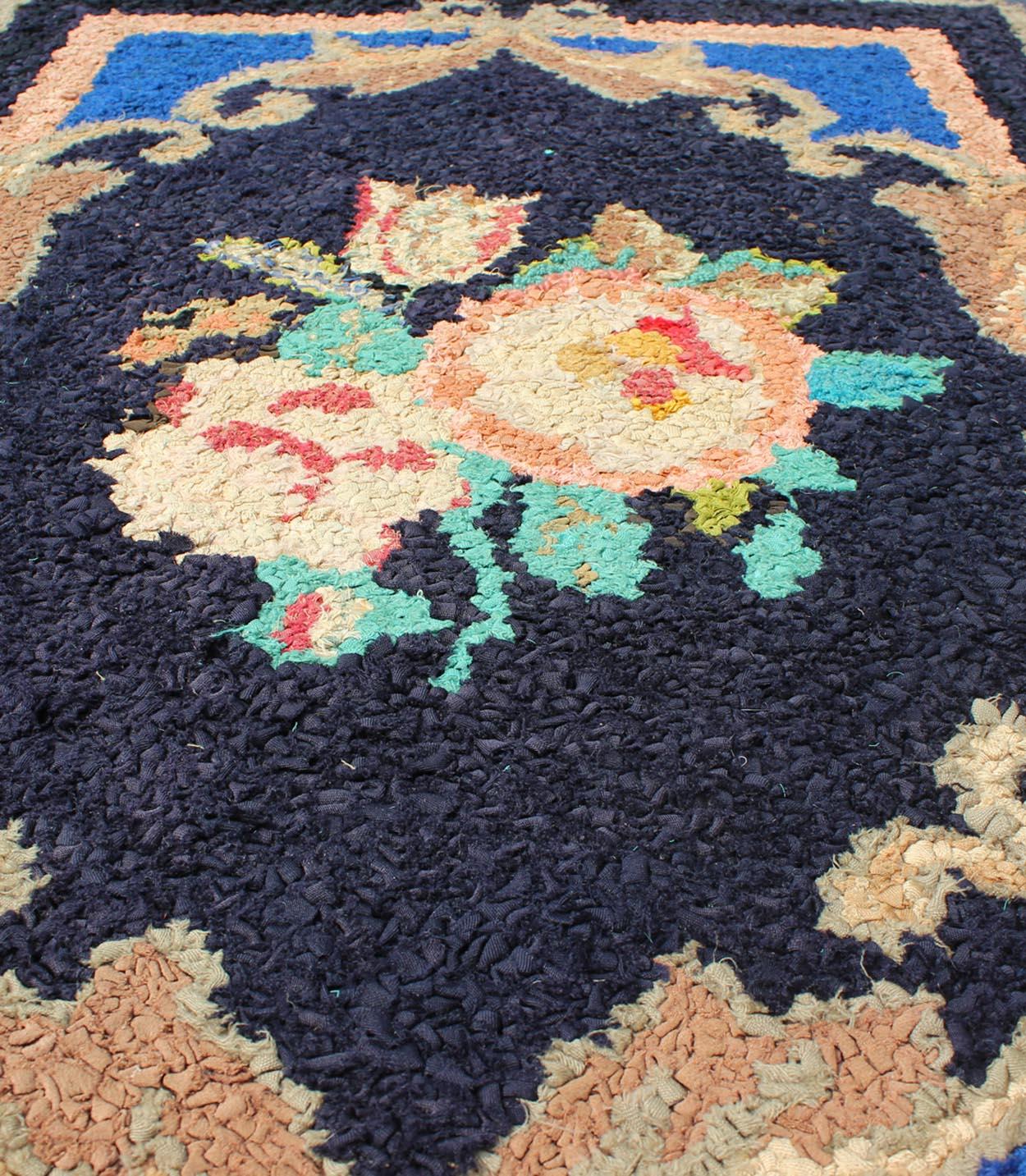 Wool Antique American Hooked Rug with Large Floral Medallion in Black Background For Sale