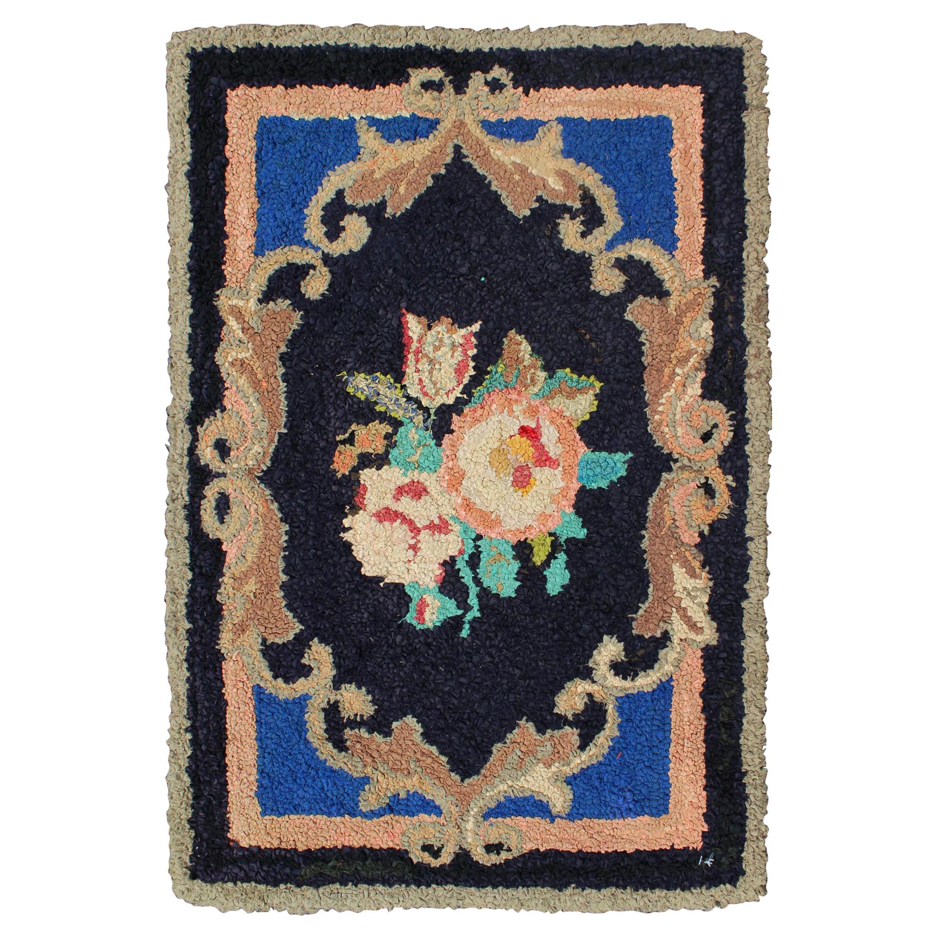 Antique American Hooked Rug with Large Floral Medallion in Black Background For Sale