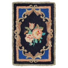 Antique American Hooked Rug with Large Floral Medallion in Black Background