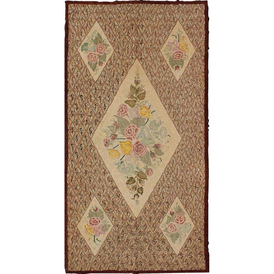 Antique Large American Art Nouveau Floral Hand Hooked Wool Rug Carpet ...