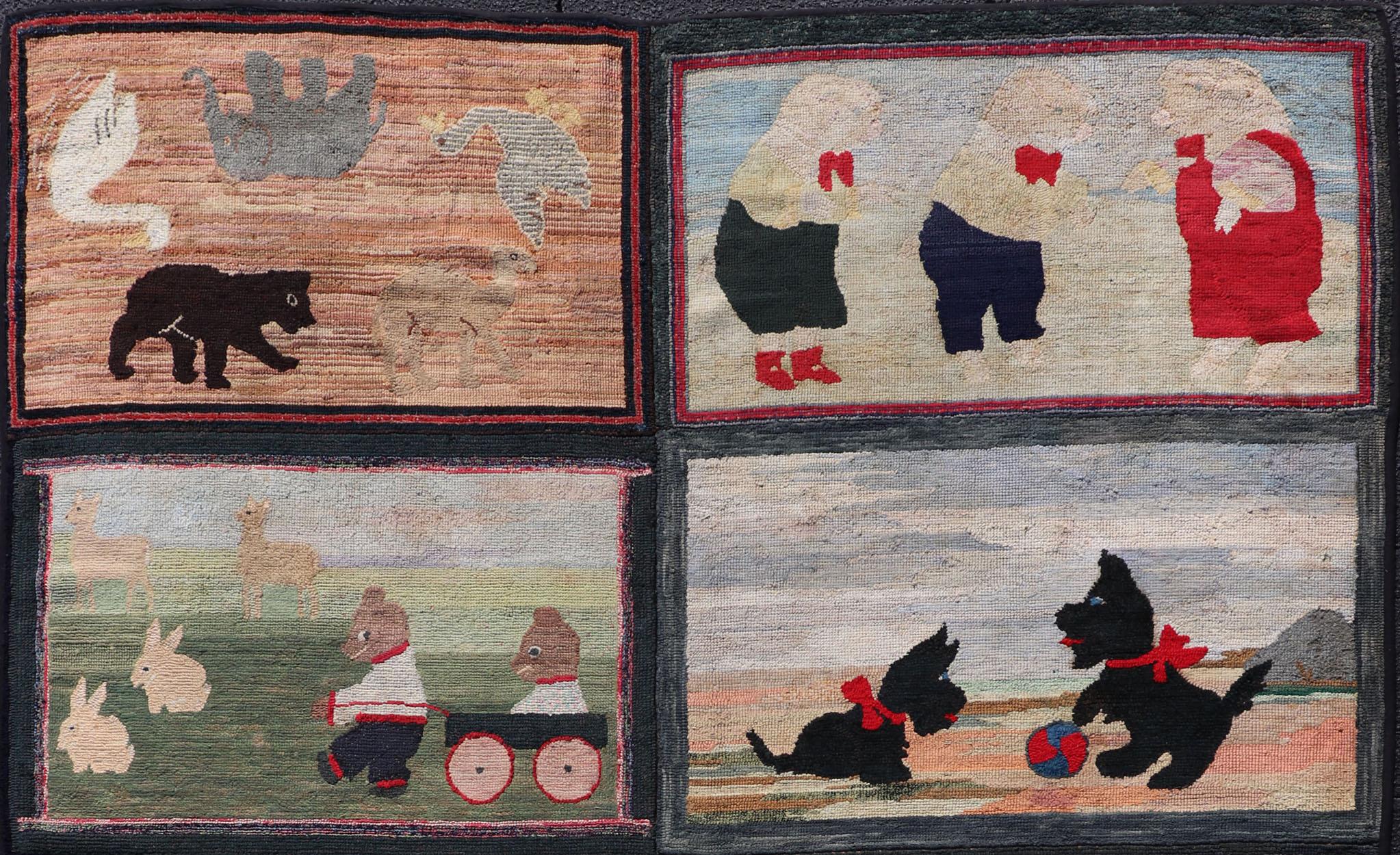 Large American Antique hooked rug with Panel of Children's Rhymes in different character , Keivan Woven Arts/ rug R20-0829, country of origin / type: United States / Hooked, circa 1900

Measures: 6'8 x 8'2

This stunning antique hooked rug is a