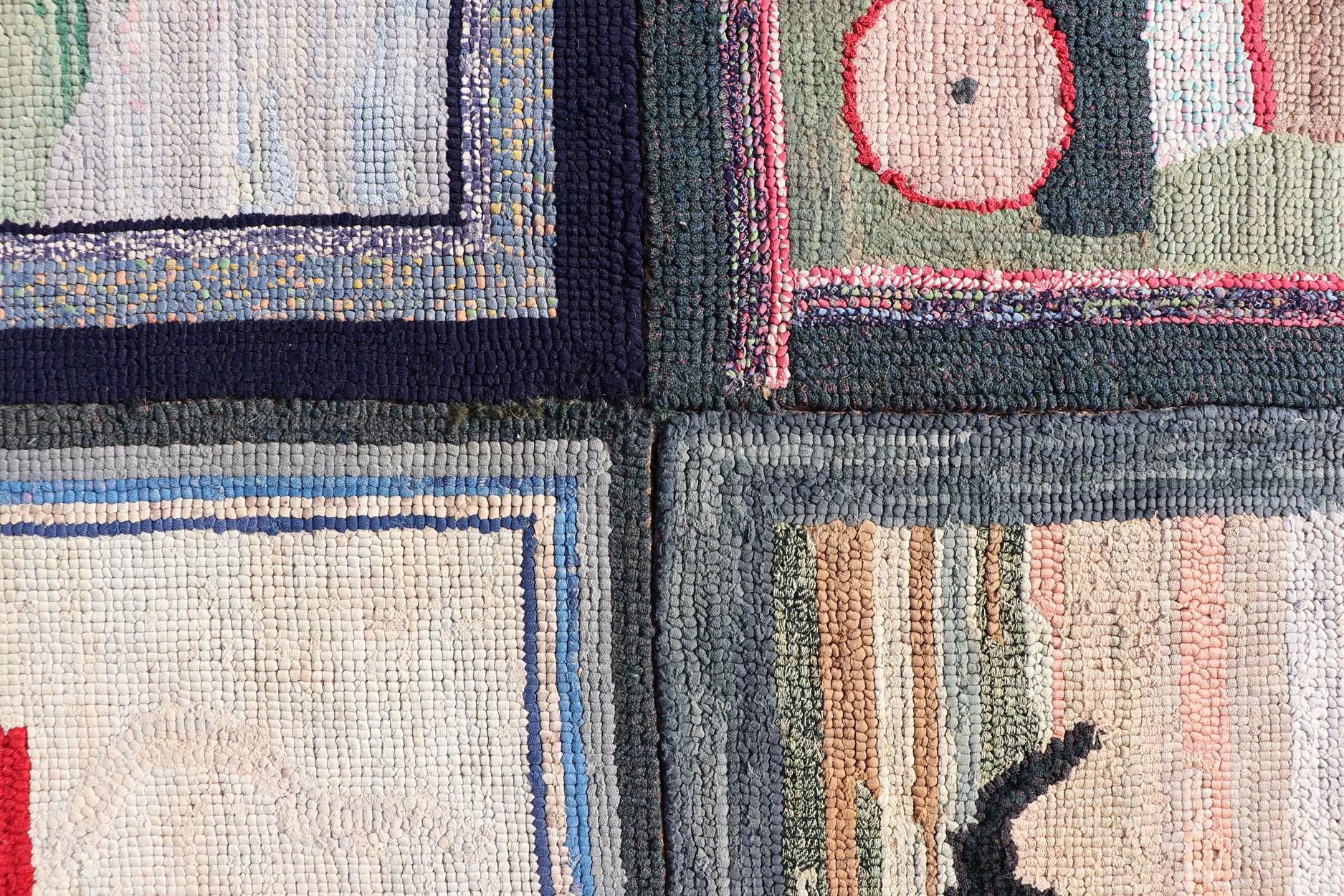 Antiker amerikanischer Hakenteppich mit Bilderbuchfiguren und skurrilem Design 6'8 x 8'2 im Angebot 5