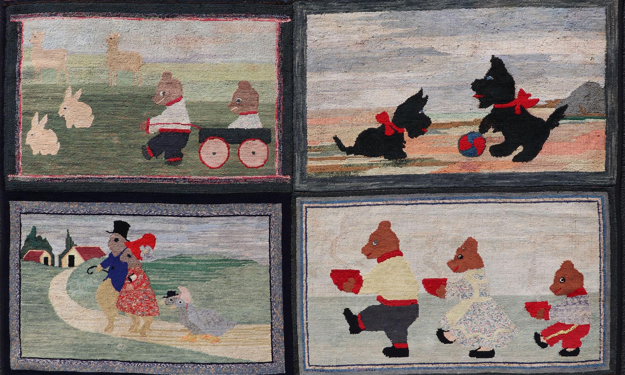 Antiker amerikanischer Hakenteppich mit Bilderbuchfiguren und skurrilem Design 6'8 x 8'2 im Angebot 7