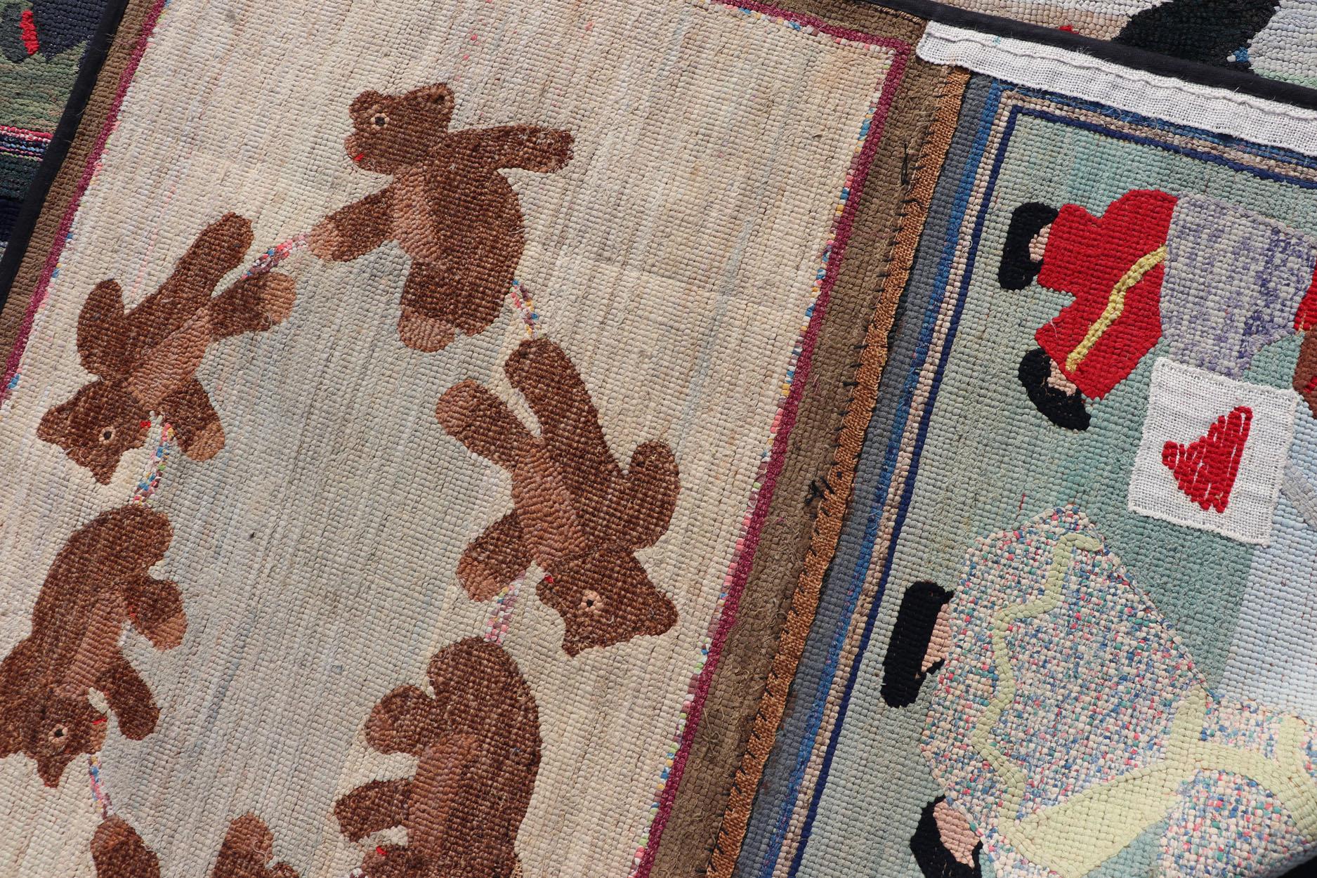 Antiker amerikanischer Hakenteppich mit Bilderbuchfiguren und skurrilem Design 6'8 x 8'2 im Angebot 9
