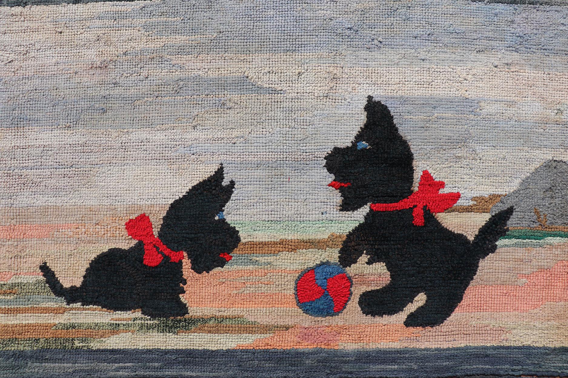 Antiker amerikanischer Hakenteppich mit Bilderbuchfiguren und skurrilem Design 6'8 x 8'2 im Zustand „Gut“ im Angebot in Atlanta, GA