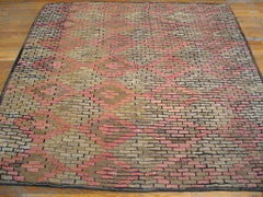 1900s Pink FolkArt Layered Brick Antique American Hooked Rug 6'5''x 6'6'' Carpet