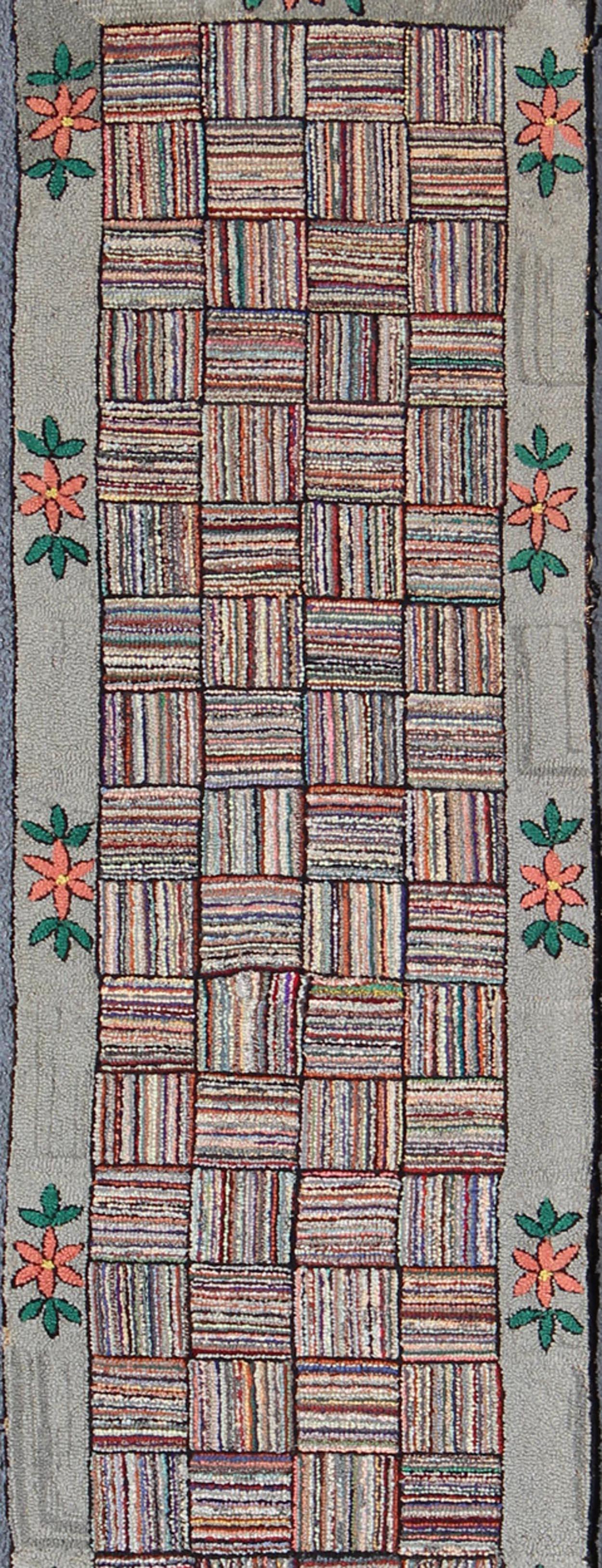 Hand-Knotted Antique American Hooked Runner with Colorful Patchwork Design For Sale