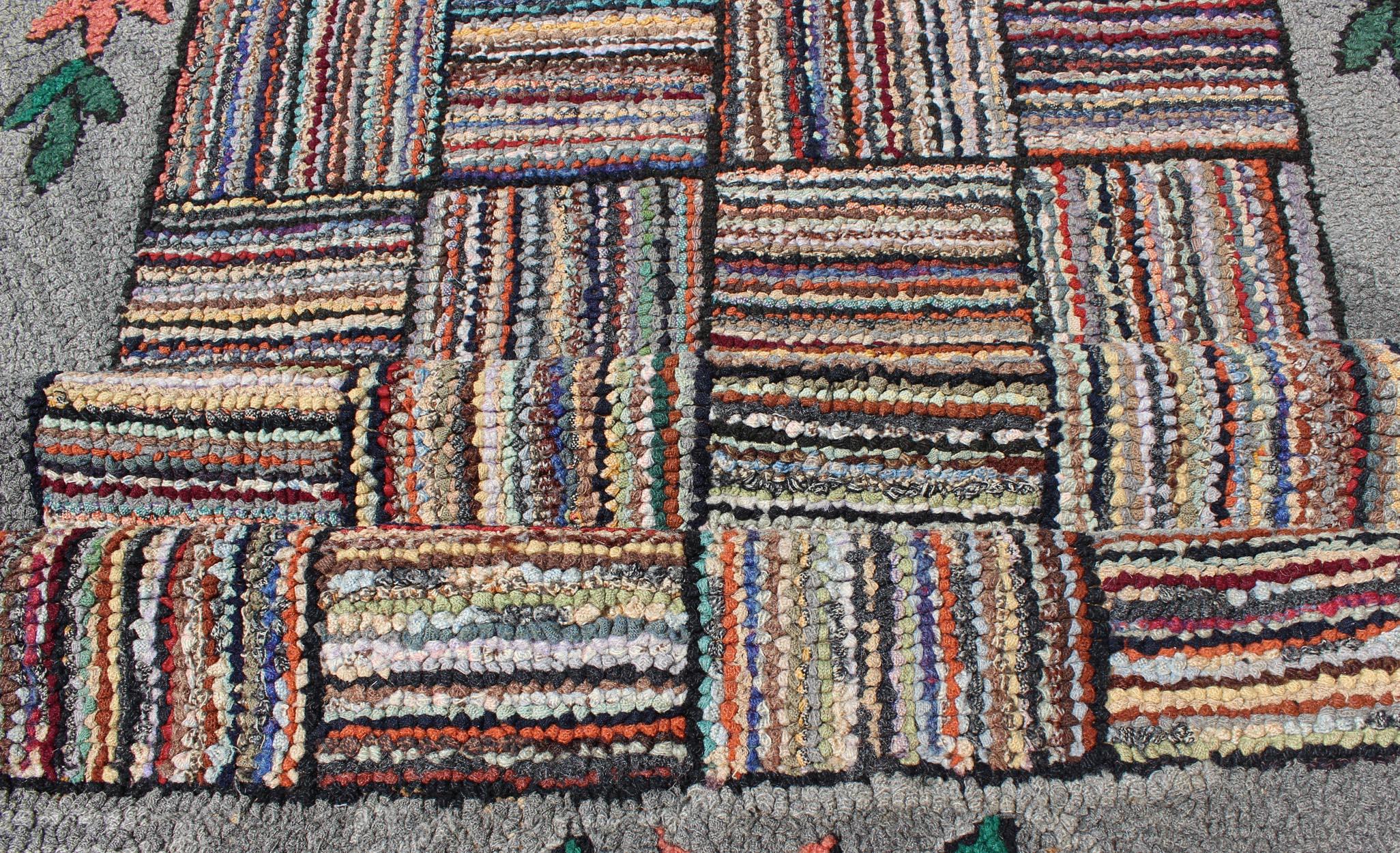 Antique American Hooked Runner with Colorful Patchwork Design In Excellent Condition For Sale In Atlanta, GA
