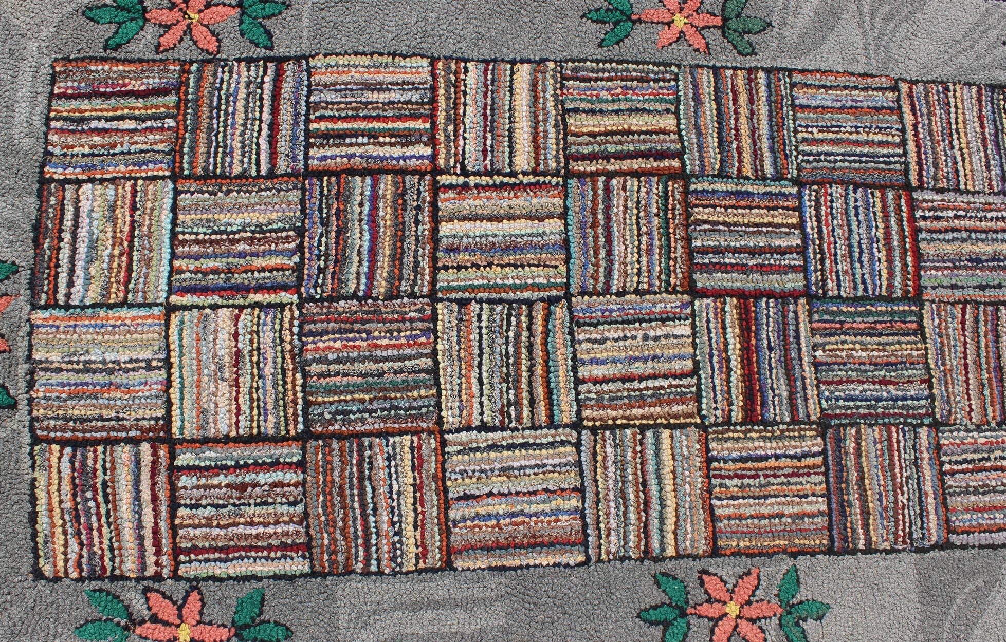 Wool Antique American Hooked Runner with Colorful Patchwork Design For Sale